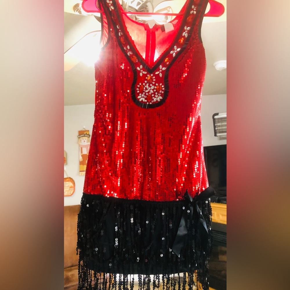 DREAM GIRL red/black Sequin Jeweled Sleeveless dress Sz Small Vintage.
